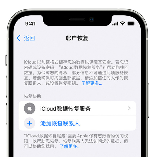 乐都苹果手机维修分享在 iPhone 上设置帐户恢复联系人的方法 